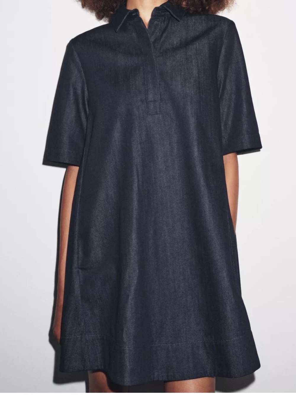 Zara ZW Collection Denim Mini Dress Womens M Dark Blue A Line Collared NWT
